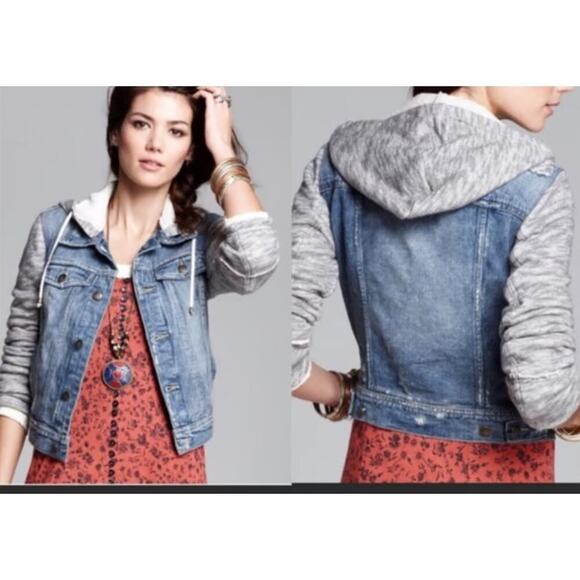 Free People Distressed Jean Jacket and Knit Hoodie Indie Wash size Small - Picture 2 of 9